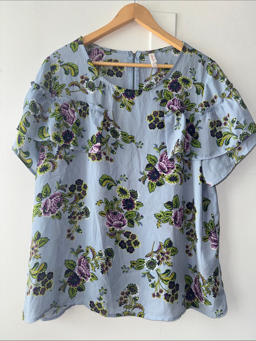 Light Blue Floral Ruffle Sleeve Top - Elegant Women's Blouse